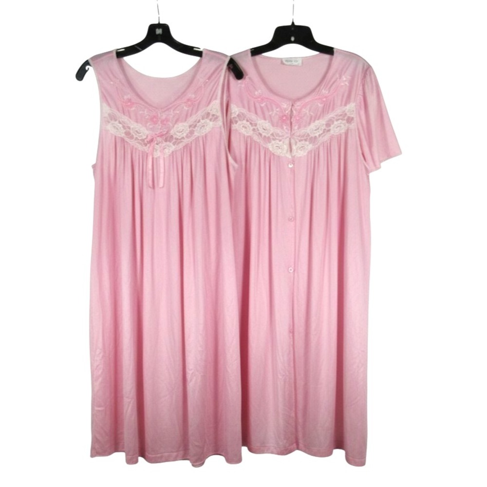 VTG VANITY FAIR Pink NYLON Floral Lace Trim LOUNGE ROBE/NIGHTGOWN SET Sz XL